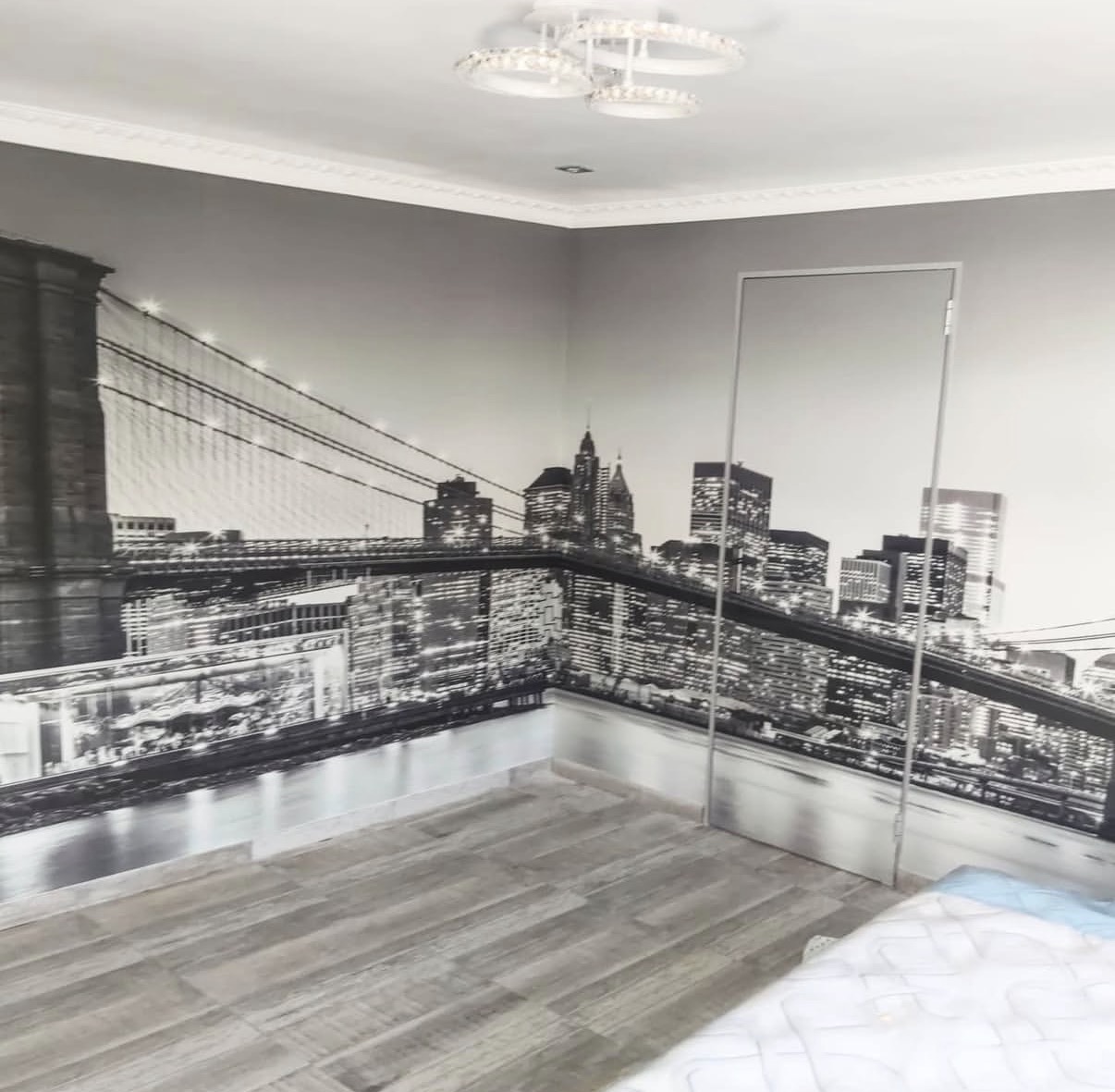 Custom wallpaper mural feature wall - Brooklyn Bridge Bedroom installation