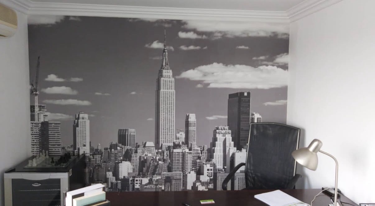 Custom wallpaper mural feature wall - Empire State Home Office installation