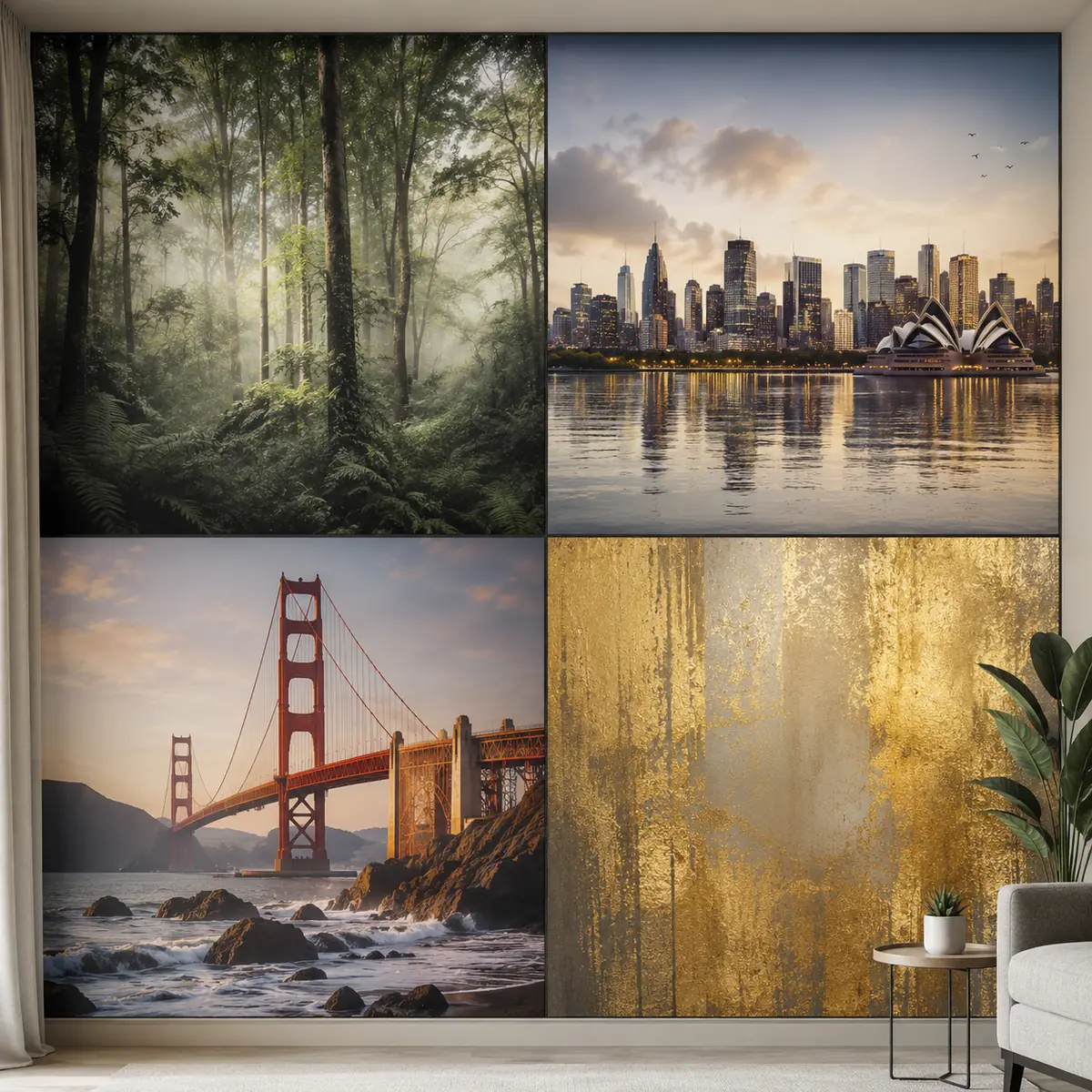 Four premium MorrArt wallpaper mural panels displayed in a modern interior: misty forest, Sydney skyline at dusk, Golden Gate Bridge, and a gold textured feature wall
