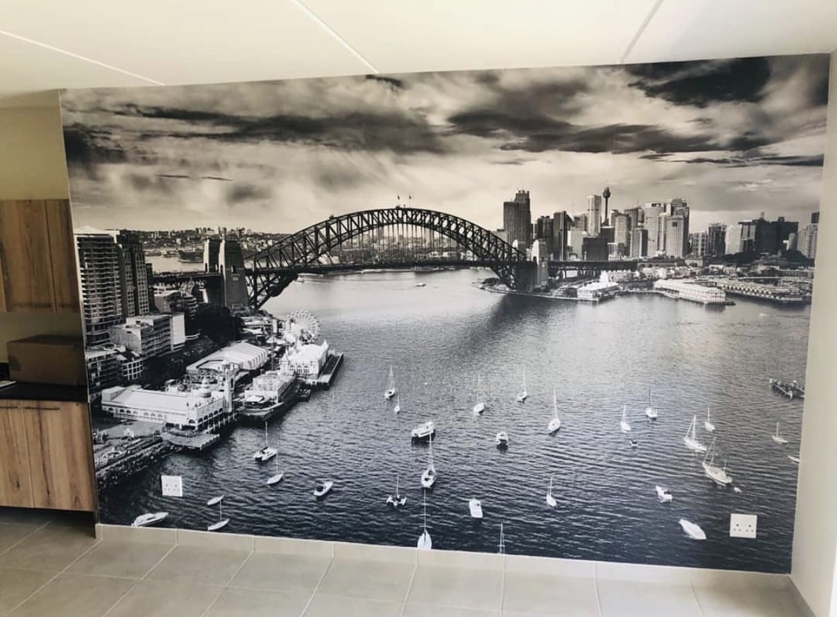 Custom wallpaper mural feature wall - Sydney Harbour Kitchen installation