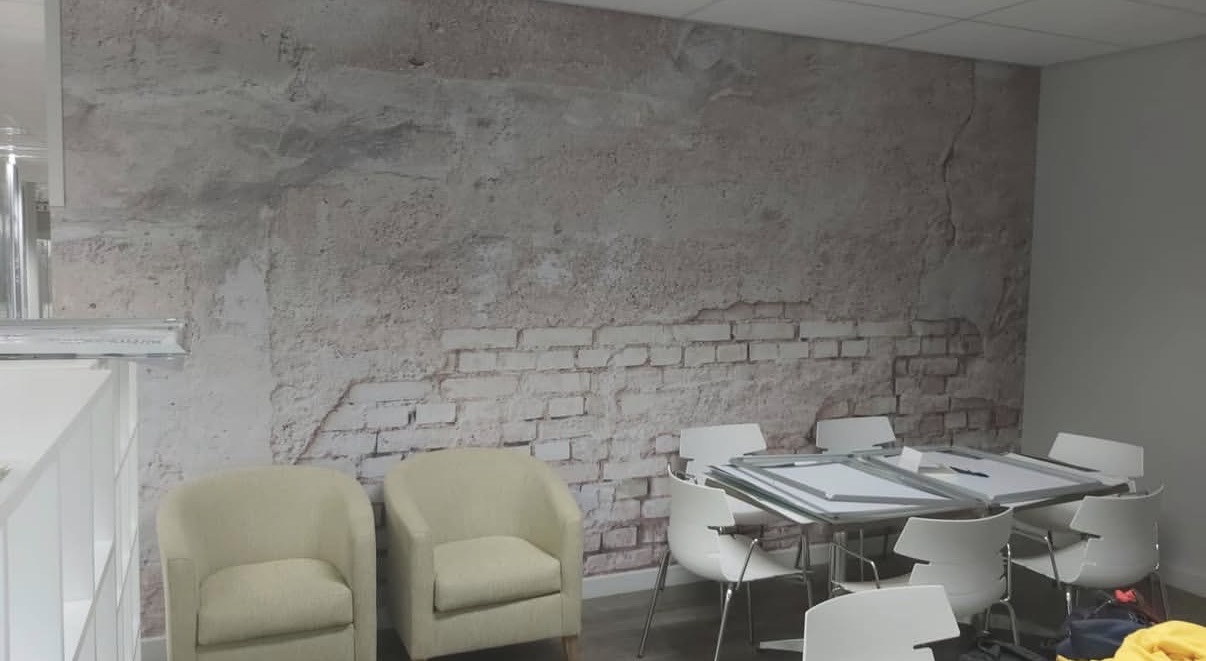 Custom wallpaper mural feature wall - Distressed Plaster Studio installation