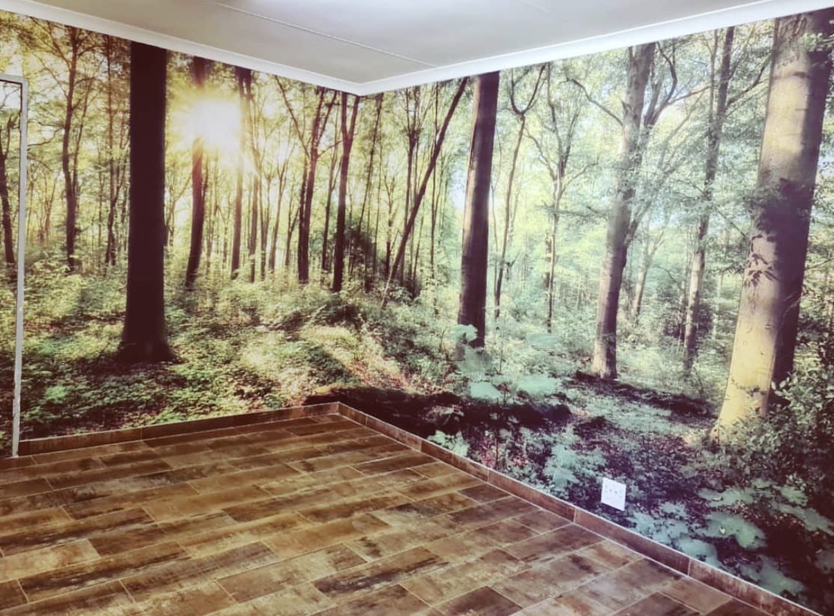 Custom wallpaper mural feature wall - Sunlit Forest Room installation